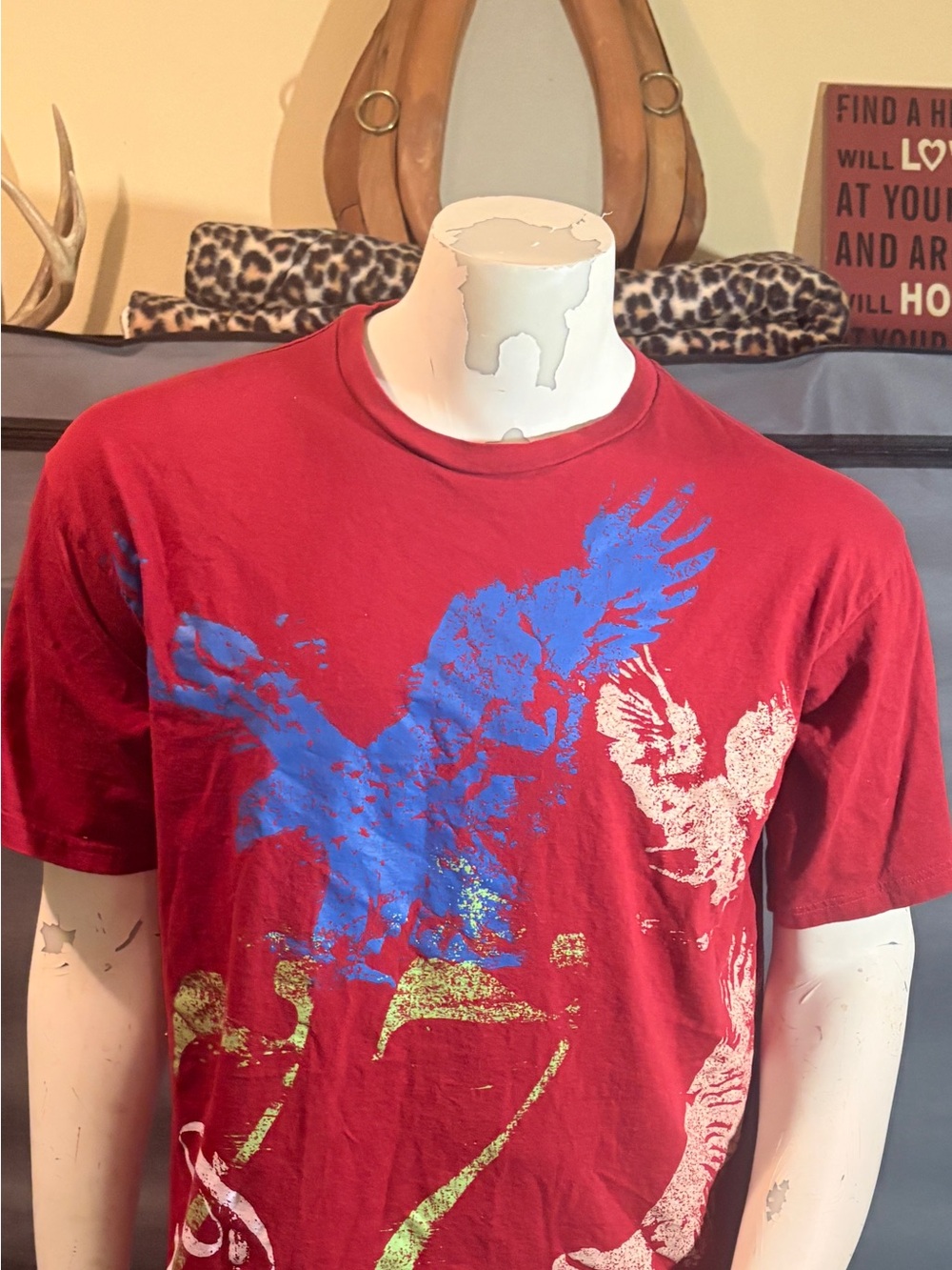 Dolphino Y2K Red Abstract Multi-Color Eagle Print Graphic Shirt M